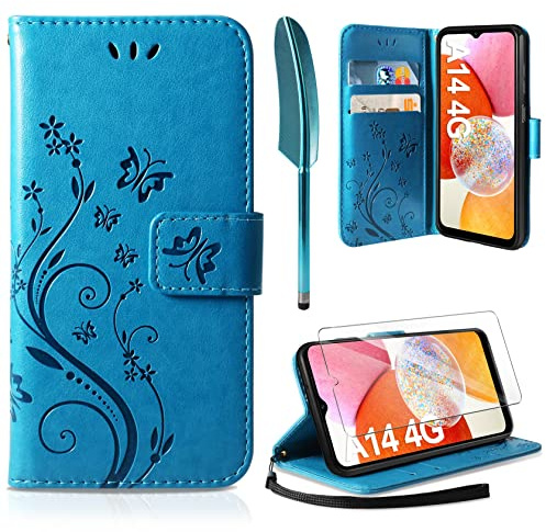 AROYI Cover Compatibile con Samsung Galaxy A14 4G / 5G e Vetro Temperato, Retro Design Flip Caso in PU Pelle Premium Portafoglio Slot per Schede Chiusura Magnetica Custodia Blu