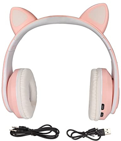 Cyrank Casque De Jeu sans Fil, Oreille De Chat sur L'oreille, Casque Bluetooth, Casque De Musique Pliable avec Lumière LED pour Téléphone, Ordinateur Portable(Rose)