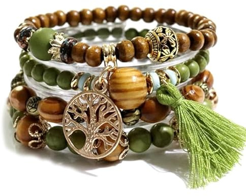 HAORQEE Boho Tree of Life Beaded Bracelet, Green Wooden Tassel