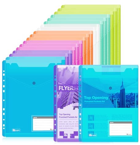 Agoer 20 Pochettes Plastiques Perforées A4,7 Couleurs Pochette Classeur A4 Refermable avec Bouton Pression, Transparentes Porte-Document Classables avec 11 Bords Perforés pour étiquettes pour Classeur