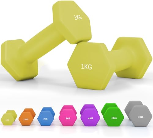 SPORTNOW Set of 2 Hex Dumbbells, Neoprene Weights Pair with Non-Slip Grip, Home Gym Fitness Training Equipment, 2 x 1kg, Yellow