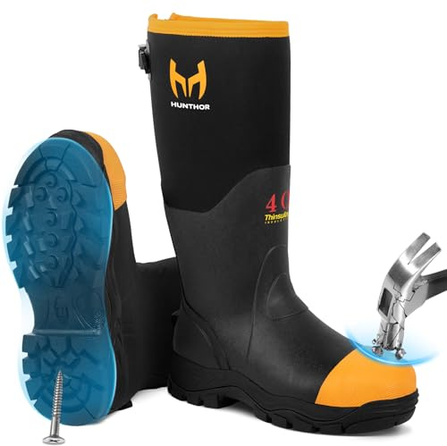 Hunthor Rubber Work Boots for Men with Steel Toe, 400g Insulated, 1100N Puncture-Proof Hunting Boots with 7mm Neoprene Waterproof and EVA Midsole, Back Gusset, Ideal for Work,Farming Fishing Size 10 Orange