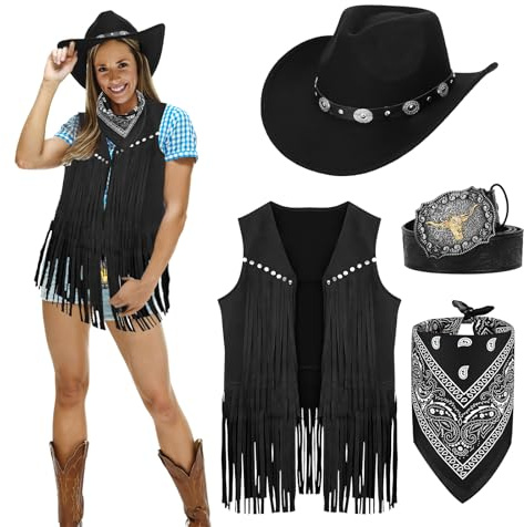 4 pezzi abiti da cowboy occidentali da donna, accessori per costume da cowgirl di Halloween con nappa, gilet da cowboy, cappello da cowboy, cintura in pelle con fibbia, bandana paisley per feste