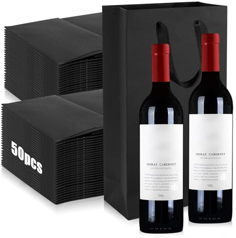 24-pack presentpåsar flaskor för 2 vinflaskor, SHAIDOJIO svarta presentpåsar för vin bulk, kraftpapper vinflaskpåse med handtag för fest jul business bröllop (svart-50 st)