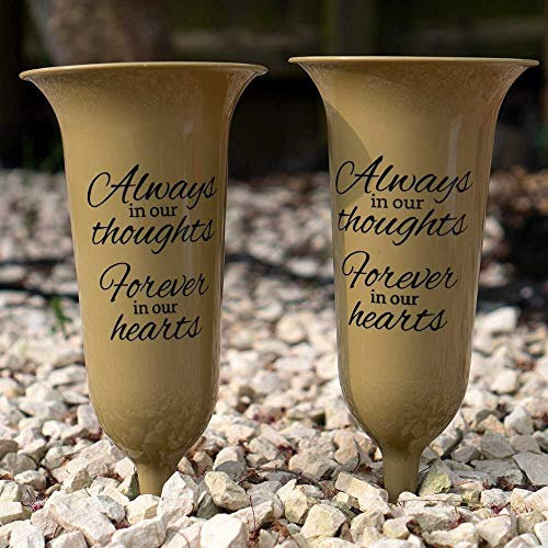 Angraves Set of 2 Beigey Gold Forever in Our Hearts Fluted Spiked Memorial Grave Flower Vases Containers Pots Holders Cemetery Spike Vases