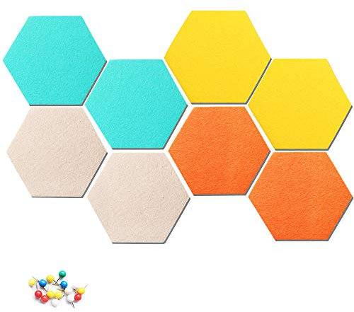 HyFanStr 8 Stück Filz Sechseckige Pinnwand, Selbstklebende DIY Memoboard mit 16 Stück Pushpins, Bunte Bulletin Board Wanddekoration für Büro, Küche