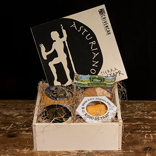 Tierra Astur Cesta Regalo Quesos Artesanales Asturianos | Estuche de Madera Reutilizable | Incluye Queso 4 en 1, Afuega’l Pitu DOP, Queso de Cabra Curado y Ahumado
