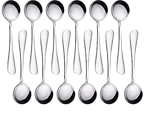 QQ CAT Lot de 12 Cuillères à Soupe, Argent 18,3cm cuillère à Soupe en Rondes Acier Inoxydable Poli Miroir, pour Buffet de salade de bisque de risotto, la Cuisine ou Le Restaurant