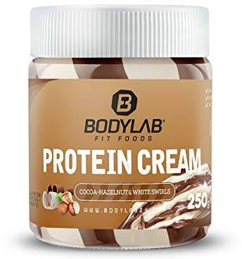Bodylab24 Protein Cream Cocoa-Hazelnut & White Swirls 250g, mit 21g Protein je 100g, mit echten Haselnüssen, ohne Zuckerzusatz, ohne Palmöl, ideal als Brotaufstrich oder zu Pancakes