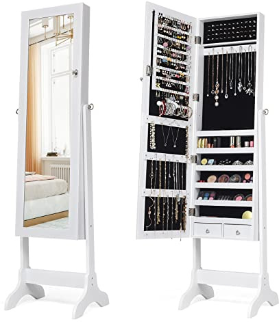 GOPLUS Smyckeskåp med spegel, spegelskåp fristående, smyckeshylla stående och låsbar, stående spegel med lådor, smyckeskrin vinkel justerbar, färgval (vit)