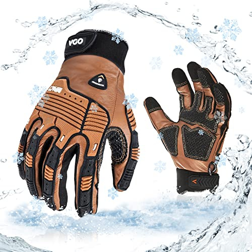 Vgo... Winter Work Leather Gloves - 1 Pair, 20C/-4F Coldproof, Anti-Vibration, Water Resistant (L, Brown, CA7722FW)