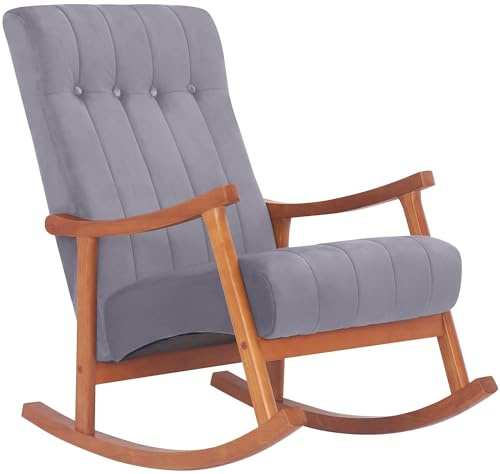 CLP Silla Mecedora Saltillo Acolchada En Terciopelo I Sillón Relax con Base De Madera & Reposabrazos Altos, Color:Nuez/Gris