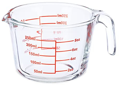 Relaxdays Vaso Medidor Cristal, 250 ml, Resistente al Calor, Apto Microondas, Escala en ml, oz, Cups, Transparente