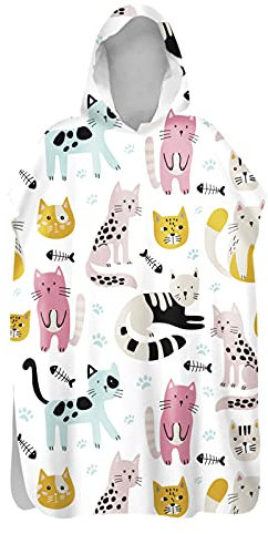 Chickwin Badeponcho mit Kapuze, 3D Katzen Bademantel Umkleidehilfe Strand Handtuch Mikrofaser Badetuch Schnelltrocknend Surf Poncho für Mädchen Jungen Erwachsene Kinder (Cartoon Katze,75x145cm)