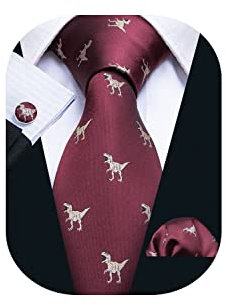 Barry.Wang Herren Krawatte Solid Silk Tie Pocket Square Cufflinks Set Hochzeit einfarbig Krawatte Business Formell, Dinosaurier rot, One size