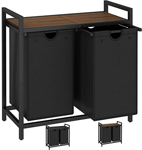 LAATOOREE Zweifarbiger Wäschekorb, 2 x 48 l Körbe mit 2 abnehmbaren Wäschesäcken und oberem Regal, Wäschekorb für Waschküche, Badezimmer