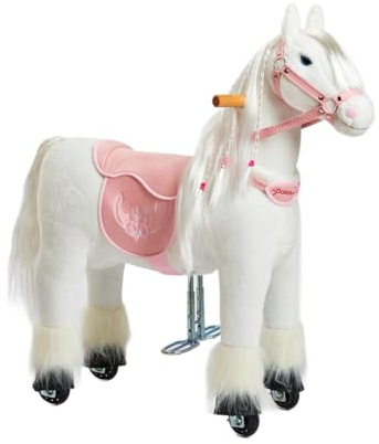PONNIE Reitpferd mit Rollen Tiara S für Kinder 3-6 Jahre, 30 kg – Plüsch Spielpferd zum Reiten ohne Batterie – 87 cm Hoch – Kämmbare Mähne&Schwanz – Abnehmbarer rosa Sattel&Zaumzeug Kinder Geschenk