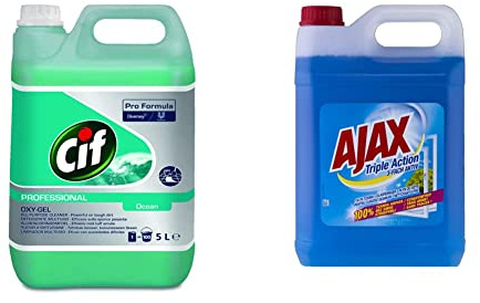 Cif 7517870 Oxygel Océan Nettoyant Sols Multi-Usages Professionnel, 5L & Ajax Nettoyant pour vitres Bidon de 5 l pour un remplissage facile du flacon pulvérisateur, 100% sans traces