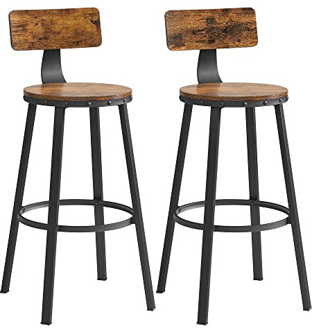 VASAGLE Barhocker, industriell, 4 Stück, Küchenstühle, mit Rückenlehne, Stahlrahmen, 73 cm hoher Sitz, einfache Montage, industrieller Stil, rustikales Braun und Schwarz LBC226B01