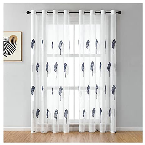 KnSam 2er Set Schlafzimmer Vorhänge Modern Dunkle Blau, Blätter Gestickt Halbtransparent Vorhang Gardinen Kinderzimmer mit Ösen Wohnstil Voile Gardinen Polyester Wohnzimmer, 244x132cm(H x B)