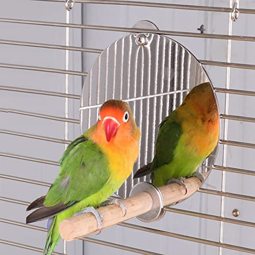 Yuehuamech Miroir pour oiseaux avec perche en bois en acier inoxydable - Cage à oiseaux - Miroir pour animal de compagnie - Rod Swing - Cage - Jouet pour Budgies Cockatiel Cockatiel Cône Lovebirds
