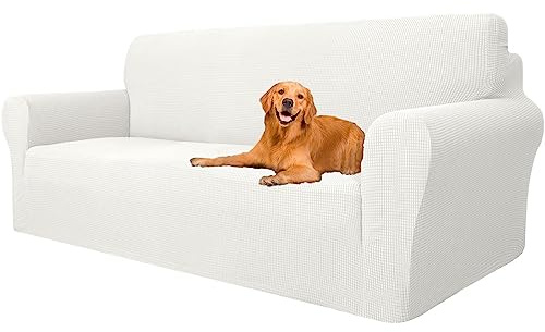 YSTELLAA High Stretch Sofa Überzug 3 Sitzer, Couch Bezug rutschfest, Universal Sofahusse Elastische, Couchüberzug Sofaschutz Katze Durable, Waschbare Sofa Covers Mit Armlehnen, Weiß