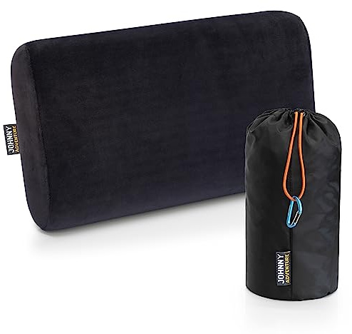 Johnny Adventure - Reisekissen 40x23x9cm, Nackenkissen Memory Schaum, Orthopädisches Kopfkissen Reisen, Camping, Flugzeug, Travel, Bett, waschbarer Bezug - Reisetasche mit Karabinerhaken - Schwarz