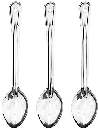 Lot de 3 cuillères de service ajourées - Grosse cuillère avec trous pour égoutter - Cuillère de service perforée en acier inoxydable avec long manche pour filtrer les aliments