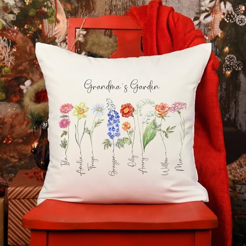 Pomchick - Grandma's garden cushion with grandchildren's names and birth flowers Personalised Christmas gift for a nanny Xmas Birthday pillow present