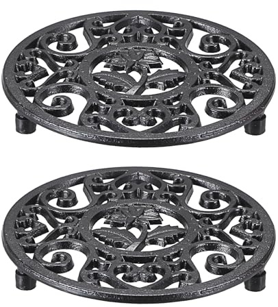 SUMTree 2pcs Round Cast iron Teapot Trivet, Decorative Heavy Duty Hot Pot Holder Mat, Vintage Chrysanthemum Pattern Cast Iron Trivet with Rubber Pegs for Kitchen Dining Table, 13.6 * 13.6 * 2cm