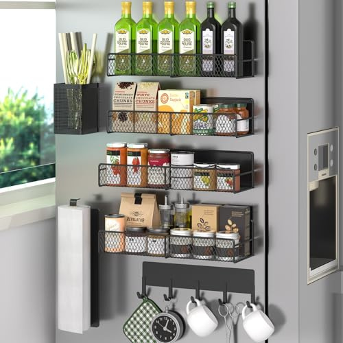 Portaspezie magnetico per frigorifero, confezione da 7 mensole magnetiche in metallo nero, organizer mobile per spezie con gancio, porta asciugamani di carta, porta utensili da cucina, organizer