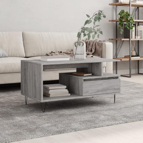 AUVYI Couchtisch mit Schublade Grau Sonoma 90x49x45 cm Holzwerkstoff&Metall Chautschtisch Wohnzimmertisch mit Schubladen Sofatisch Holz Sideboard Beistelltisch