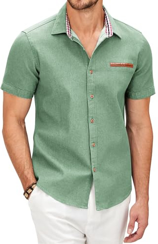 COOFANDY Herrskjorta kortärmad jeansskjorta smal passform bomull vintage fritidsskjorta sommarskjortor för män button down skjorta, Celadon grön, 3XL