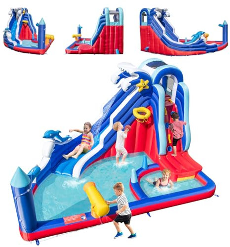 DREAMADE Chateau Gonflable 6 en 1 pour Enfants 3-10 Ans, Parc Toboggan Aquatique avec Piscine, Canon à Eau, Panier de Basket & Jeu de Lancer d'Anneaux, Charge Max. 90 KG (sans Gonfleur)