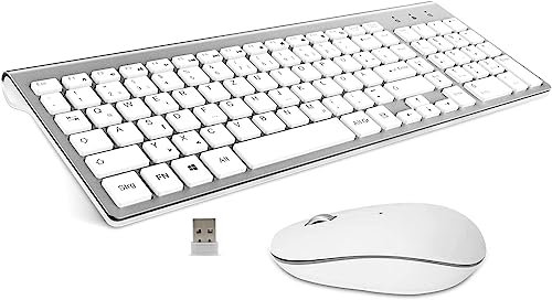 GALENMORO Tastatur Maus Set Kabellos - QWERTZ (Deutsch) USB Funktastatur mit Maus Ergonomisch Tastatur für Computer/PC/Laptop/Smart TV- Silber Weiß