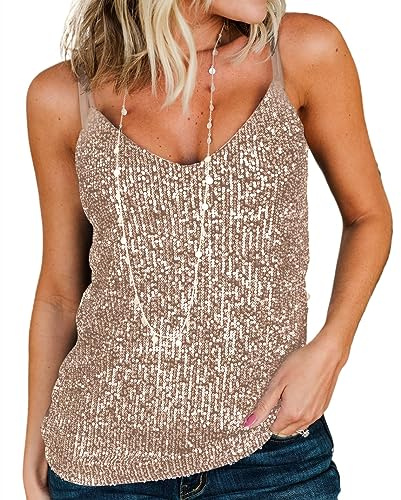 AirMood Frauen Sexy U-Ausschnitt Sparkle Shimmer Tank Westen Pailletten Tops Disco Pailletten Tank Gold, L