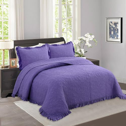 DMBAOD Baumwolle Tagesdecke Bettüberwurf, Bettüberwurf Decke Steppdecke 3 Teilig Doppelbett Gesteppt Bettdecke mit 2 Kissenbezug Lila 230x250cm