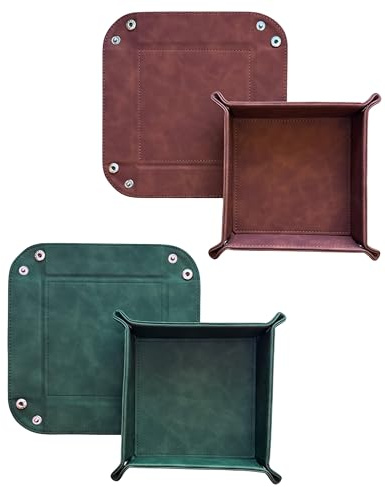 DELALO 2er-Set faltbare Leder-Würfelunterlagen (16 x 16 cm), viereckige Taschenleerer für Schlüssel, Handy, Kopfhörer, Kleinteile, Schmuck (Braun - Grün)