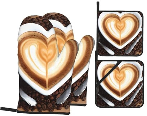 YYHWHJDE Set di 4 guanti da forno e presine con motivo a cuore, spessi e resistenti, anti-scottatura e termoisolanti
