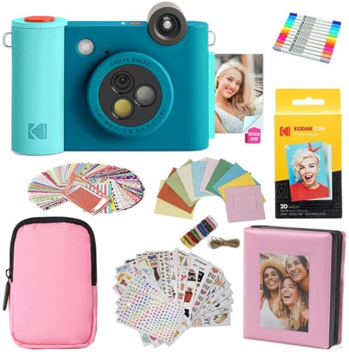 KODAK Smile+ - Paquete de Regalo de cámara instantánea Digital e Impresora fotográfica 2 en 1, Funda + Papel Zink + álbum + calcomanías + Marcos + marcadores, Color Azul