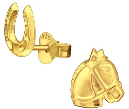 Monkimau Boucles d'oreilles pour enfants fer à cheval et cheval, argent 925, bijoux pour filles, hypoallergéniques et sans nickel, idée cadeau boucles d'oreilles pour enfants