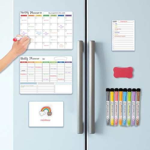 4-Pack Magnetic Dry Erase Calendar Whiteboard Set for Fridge, Wall and Refrigerator Organisation, Monthly, Weekly, Daily, to-Do List Planners, Family Meal Planner Board, Includes Markers & Eraser