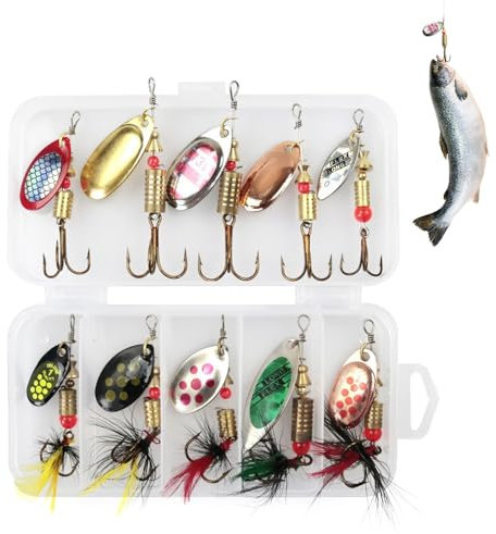mizikuu Angelköder Crankbait, 10 Stück Kunstköder Spinner Blinker Set Mehrfarbige Spinner Angeln Löffel Köder mit Box Blinker Angeln Set für Forelle Hecht Bass Lachs Fischen