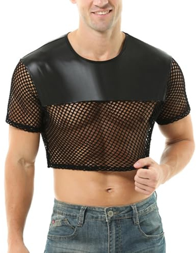 GENEMEN Mens Fishnet Shirt Ver a través de Crop Top Sexy Mesh T Shirts Fiesta Clubwear (Negro, M)