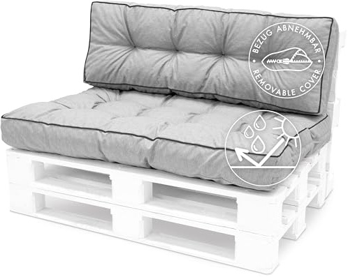 Spatium Palettenkissen 120 x 80 cm, 100% abnehmbar Bezug wasserdicht, UV-beständig, Outdoor/Indoor Palettenauflage Palettenpolster Palettenmöbel (Set A, Hellgrau)