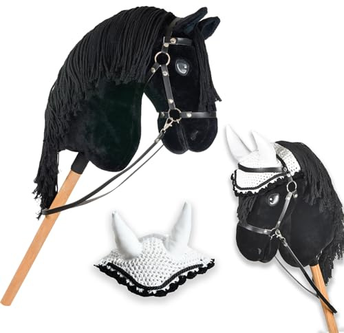 Hobby Horse Friese Schwarz A3 – Steckenpferd Komplettset mit Zaumzeug, Zügeln, Gebiss & weißer Fliegenhaube – Friesenpferd Spielzeug für Kinder