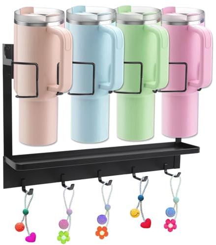 Yallmie Magnetischer Becherhalter Kühlschrank, 4 Fächer Wasserflaschen Organizer Magnetisch Ohne Bohren Magnetischer Flaschen Organizer mit Haken für Kühlschränke Schränke Wände, 44×11×29.5cm