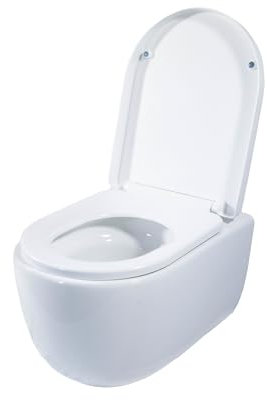 Inodoro colgante sin borde blanco – pared inodoro profundo de 53 cm de cerámica con asiento de cierre suave, nano-revestimiento, insonorización y juego completo – Higiénico y DIN probado