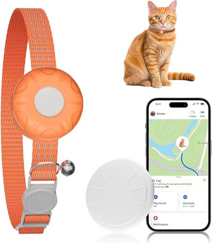 ZFSJTAG Cat GPS Tracker, Smart Cat Tracker Compatible with Apple Find My App (Only iOS), No Monthly Fee, Waterproof (White Tracker, Orange Cat Collar)