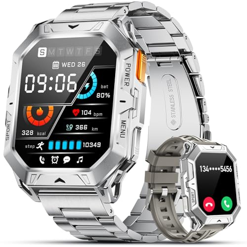 LIGE Smartwatch Herren Militär, 1000mAh Großes Akku, 2.13AMOLED Sportuhr mit Telefonfunktion, Herzfrequenz Schlafmonitor/IP68 Wasserdicht, 110+ Sportmodi Fitnessuhr für Android iOS, Silber Edelstahl